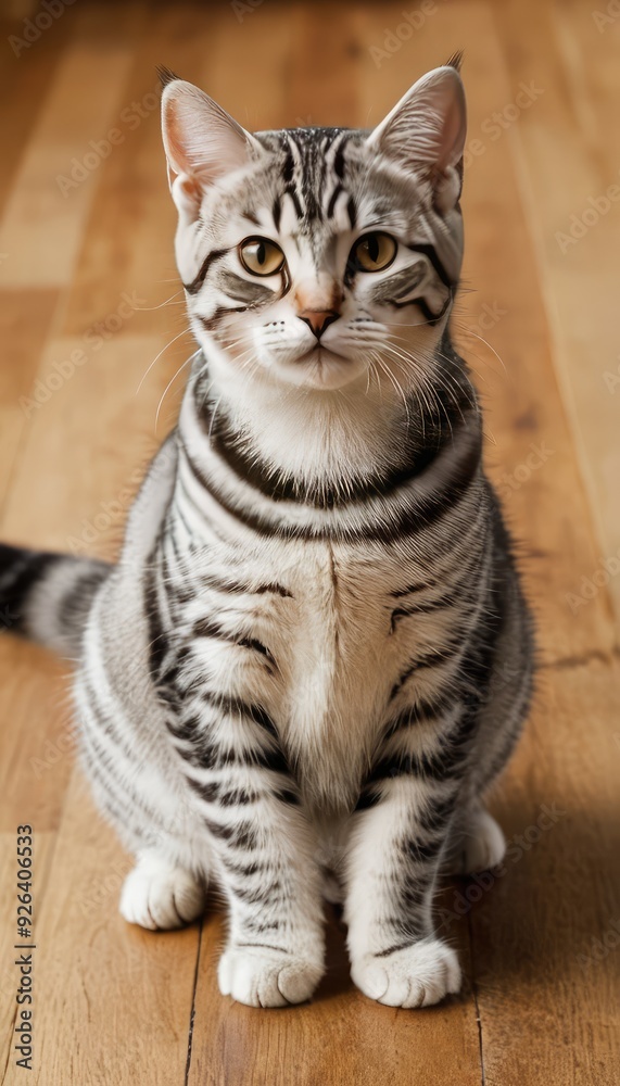 A sleek silver American Shorthair cat with striking markings lounges on a sunlit wooden floor, its calm and attentive gaze reflecting a moment of tranquility indoors A sleek silver American Shorthair cat with striking markings lounges on a sunlit wooden floor, its calm and attentive gaze reflecting a moment of tranquility indoors