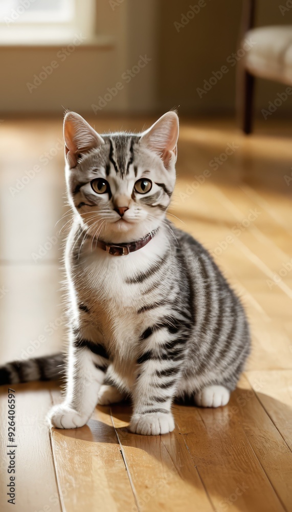 A sleek silver American Shorthair cat with striking markings lounges on a sunlit wooden floor, its calm and attentive gaze reflecting a moment of tranquility indoors A sleek silver American Shorthair cat with striking markings lounges on a sunlit wooden floor, its calm and attentive gaze reflecting a moment of tranquility indoors