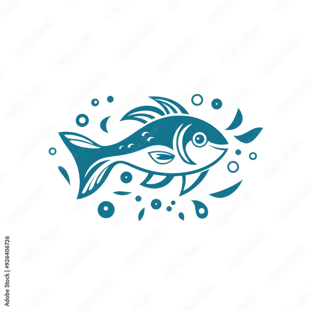 Fototapeta premium Stylized fish illustration surrounded by bubbles and leaves, perfect for seafood, nature, or culinary themes.