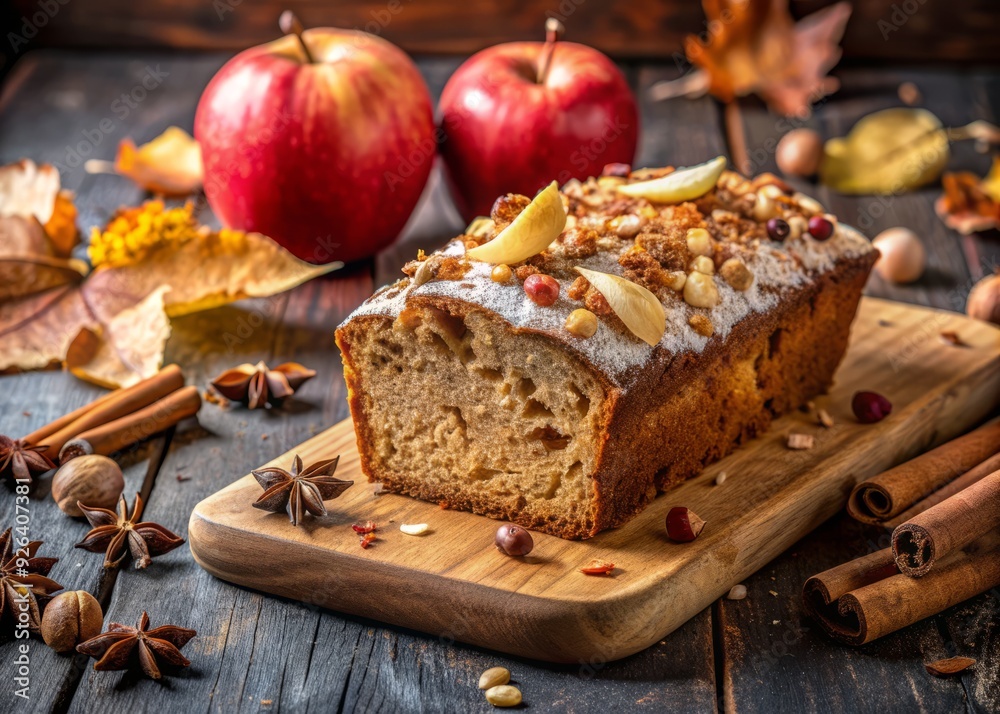 Warm beige tones, crumbling texture, and delicate sprinkles of cinnamon on comforting apple spice loaf cake, exuding coziness, comfort, and rustic autumn evening