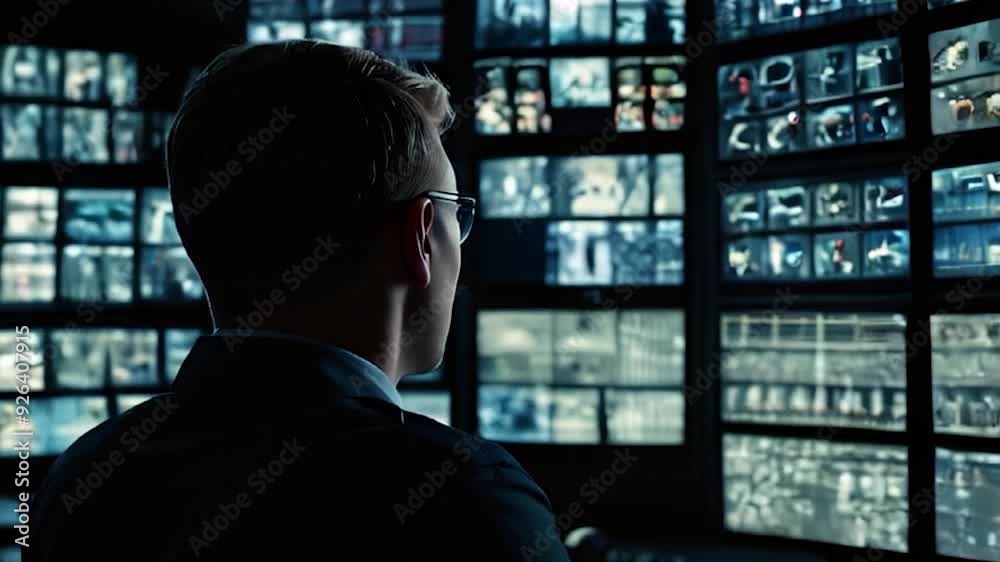 Man in Glasses Monitoring Security Cameras on Multiple Screens in a Control Room
