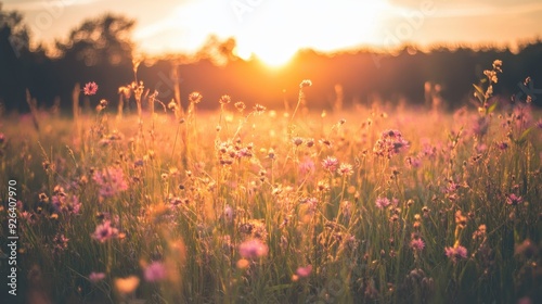 The sun sets over a colorful meadow filled with blooming wildflowers and soft evening light photo