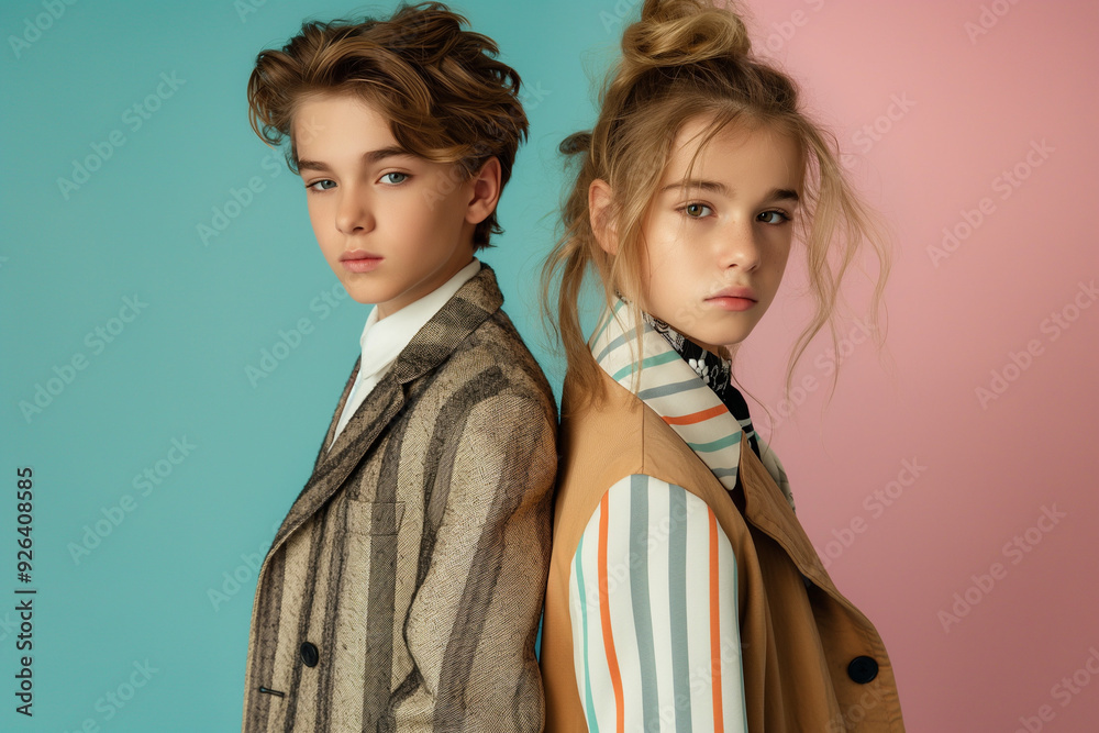 Stylish Boy and Girl in Fashionable Outfits Against Colorful Background Stylish Boy and Girl in Fashionable Outfits Against Colorful Background