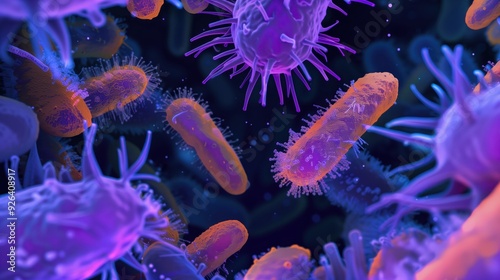 High Magnification Visualization of E. Coli Cells Expressing Vibrant Colors in a Scientific Setting