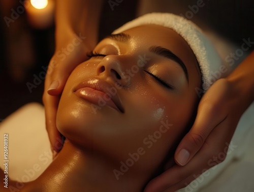 A serene facial treatment showcasing a relaxed woman enjoying a rejuvenating spa experience with soothing hands.