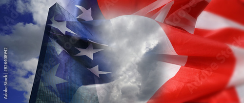 American flag with skyscraper and stars and stripes. Patriotic for the US president elections in 2025.