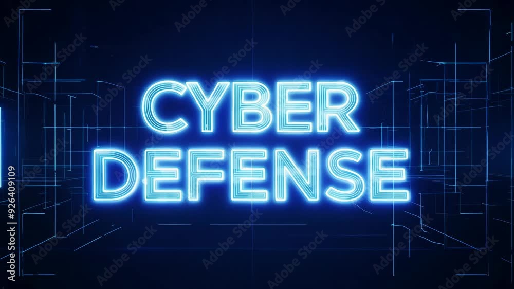 The phrase Cyber Defense glows in bright blue neon lights against a dark digital background, symbolizing the vital role of cybersecurity in protecting data and networks in the digital age The phrase Cyber Defense glows in bright blue neon lights against a dark digital background, symbolizing the vital role of cybersecurity in protecting data and networks in the digital age
