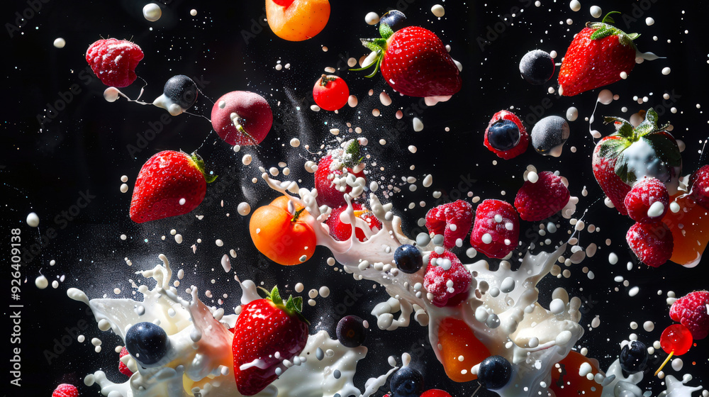 Drops of milk, pieces of fruits and berries on a black background are floating in the air. The fruit includes strawberries, blueberries, raspberries, persimmons and oranges. Milkshake. Drops of milk, pieces of fruits and berries on a black background are floating in the air. The fruit includes strawberries, blueberries, raspberries, persimmons and oranges. Milkshake.