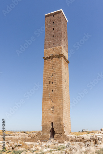 The ruins of the Ulu Cami (Great Mosque) in Harran. A tall, freestanding tower that was formerly used as a minaret and observatory. Harran is a tourist destination near Şanlıurfa, Turkey. photo