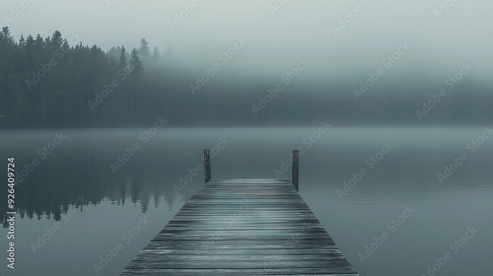 Weathered Wooden Pier Extending into a Foggy Lake with Calm Waters and Dense Forest Barely Visible in the Distance. AI generated illustration Weathered Wooden Pier Extending into a Foggy Lake with Calm Waters and Dense Forest Barely Visible in the Distance. AI generated illustration