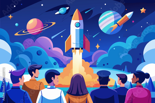 People are watching the rocket launch. Conquest and exploration of space. Vector illustration
