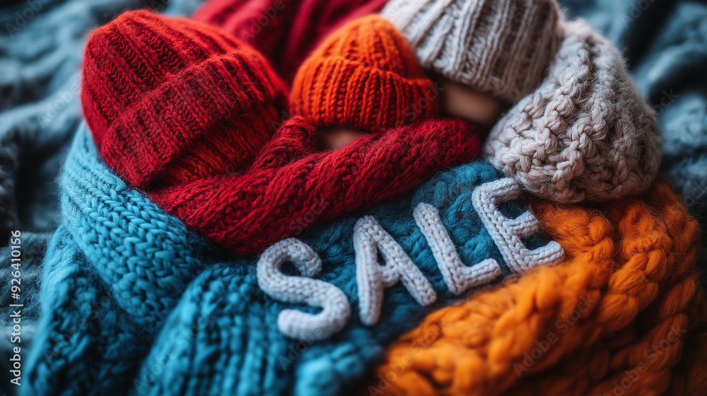 Warm knitwear and autumn sale sign in cozy setting Warm knitwear and autumn sale sign in cozy setting
