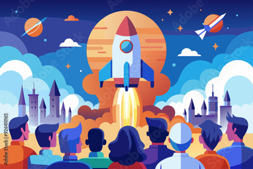 People are watching the rocket launch. Conquest and exploration of space. Vector illustration
