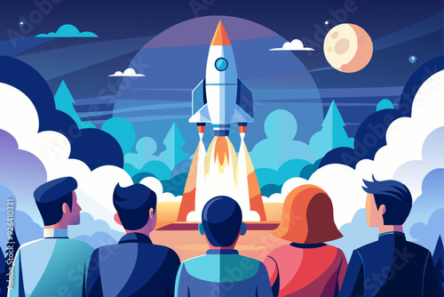 People are watching the rocket launch. Conquest and exploration of space. Vector illustration
