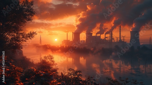 Sunrise Over A Serene Nuclear Power Plant Landscape With Smokestacks And Vibrant Sky Reflections On Water