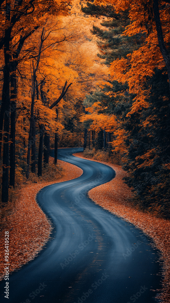 Curving road through vibrant autumn forest Curving road through vibrant autumn forest