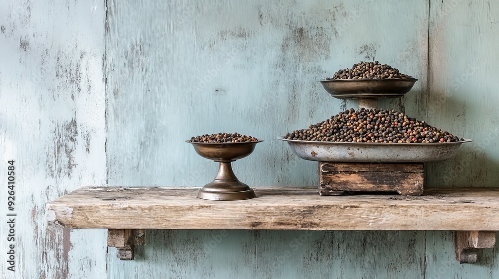 Red flakes adorn wooden shelf. Red flakes adorn wooden shelf.