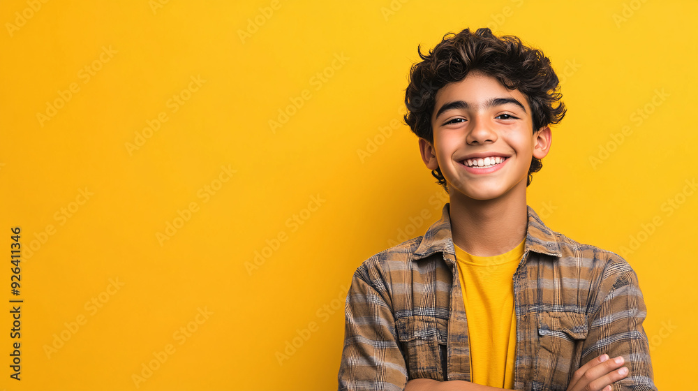 Fototapeta premium A joyful Latino Hispanic teen boy with a big smile on a vibrant yellow background.