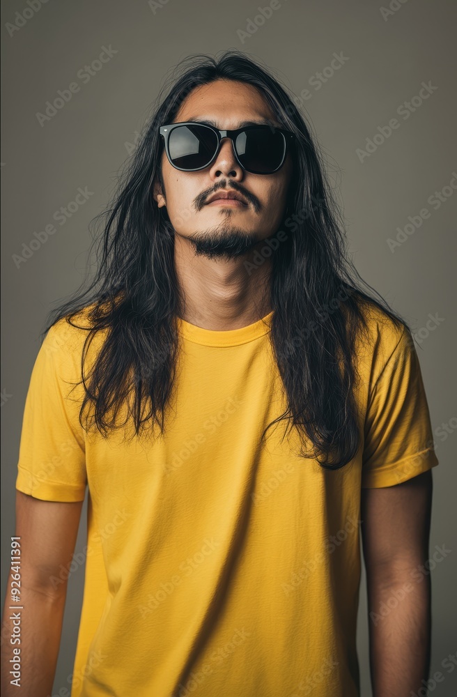 A handsome model with long hair confidently displays a blank t-shirt A handsome model with long hair confidently displays a blank t-shirt