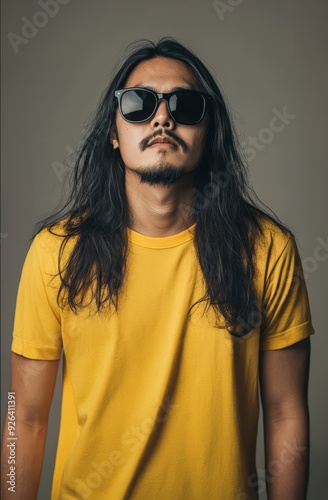 A handsome model with long hair confidently displays a blank t-shirt