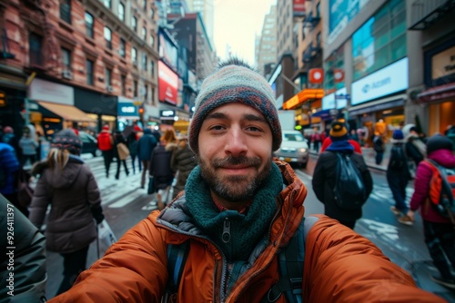 Handsome bearded man taking selfie in city center