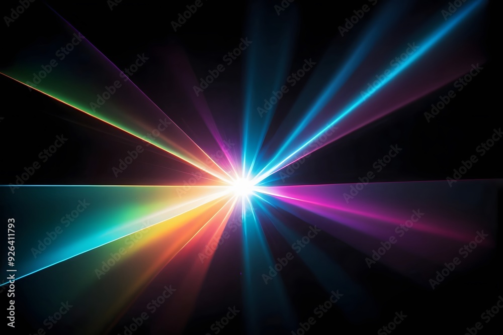Abstract colorful light rays radiating from a bright center on a black background. Abstract colorful light rays radiating from a bright center on a black background.