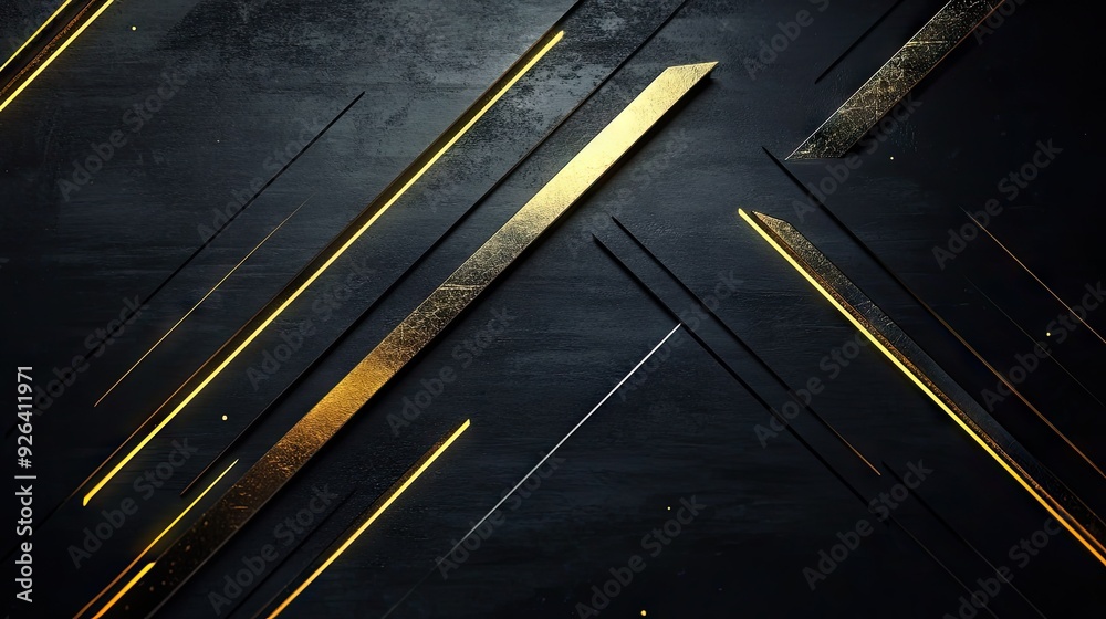 Fototapeta premium Abstract background showcasing gold directional arrows and geometric elements on a dark black space, perfect for a futuristic and elegant design approach.