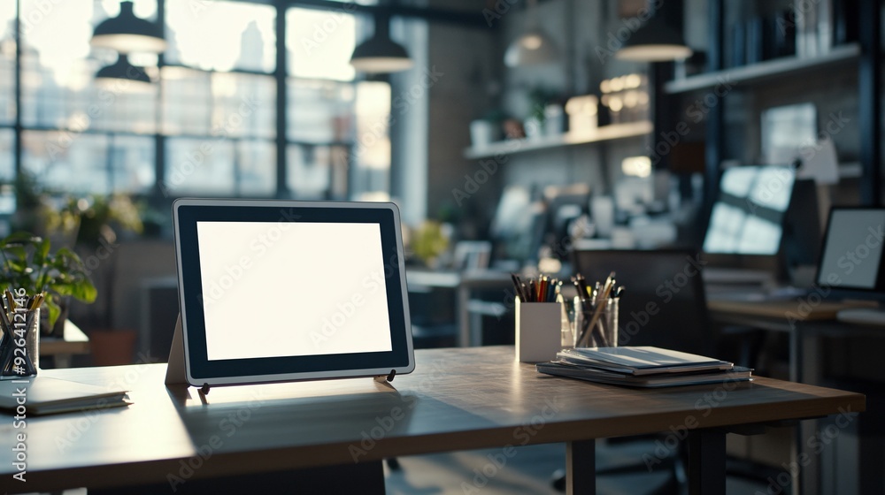 A tablet with a blank screen sits on a desk in a modern office, with a stack of papers and pencils in the foreground, and windows and other desks in the background. A tablet with a blank screen sits on a desk in a modern office, with a stack of papers and pencils in the foreground, and windows and other desks in the background.