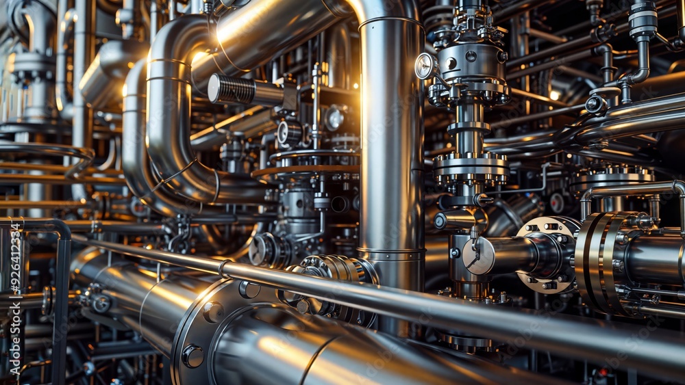 Refinery Infrastructure. Detailed view of industrial pipelines and equipment highlights the complexity of oil and gas processing facilities. Refinery Infrastructure. Detailed view of industrial pipelines and equipment highlights the complexity of oil and gas processing facilities.