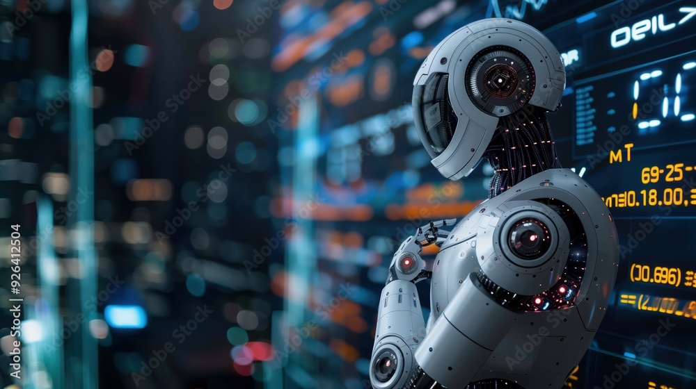 Futuristic Robot Analyzing Cryptocurrency Market Trends with Digital Data Interface in a High-Tech Environment Futuristic Robot Analyzing Cryptocurrency Market Trends with Digital Data Interface in a High-Tech Environment