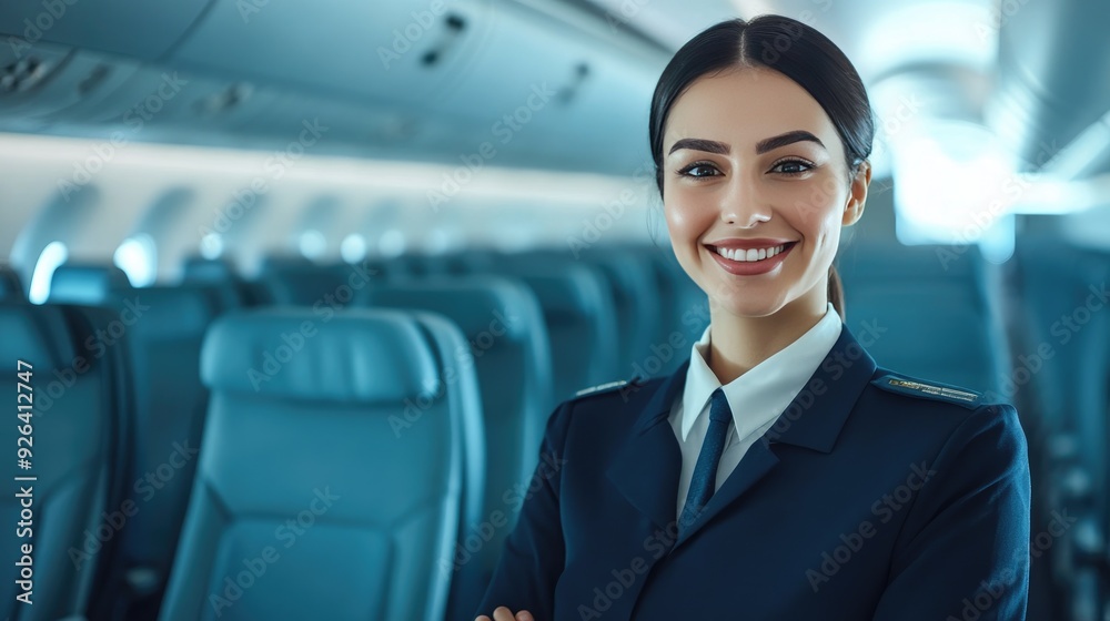 A cheerful cabin crew member in uniform, smiling in an empty aircraft, symbolizing professionalism and hospitality in the air A cheerful cabin crew member in uniform, smiling in an empty aircraft, symbolizing professionalism and hospitality in the air