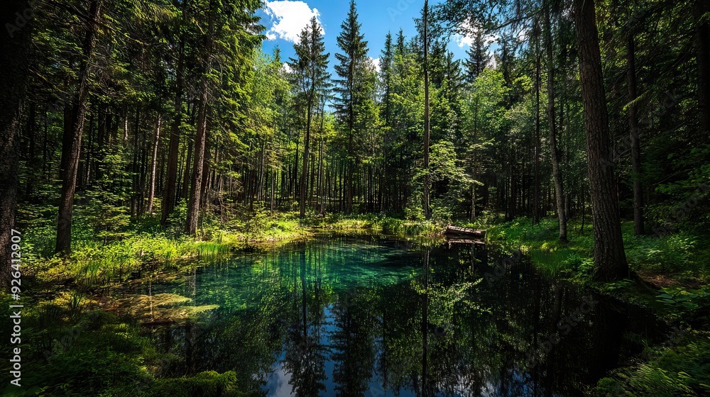 Secluded Forest Glade with a Crystal-Clear Pond Surrounded by Towering Trees and Thick Underbrush. AI generated illustration Secluded Forest Glade with a Crystal-Clear Pond Surrounded by Towering Trees and Thick Underbrush. AI generated illustration