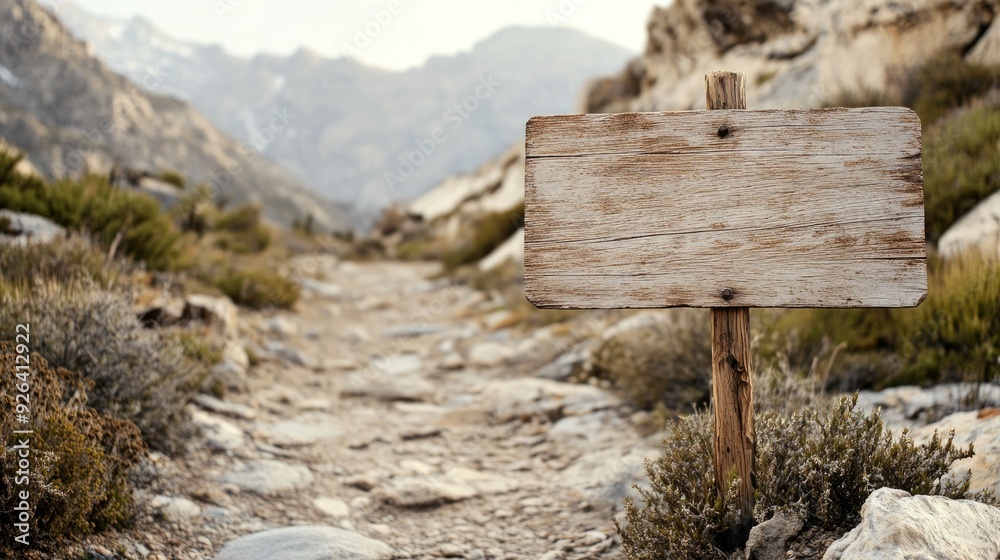 Naklejka premium Blank wooden sign with a rough, weathered texture, standing on a rocky path in a mountain setting