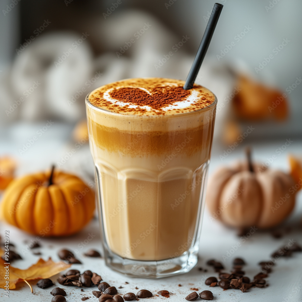 Pumpkin spice latte with a heart-shaped froth design served in a tall glass with a stylish straw accentuated by autumnal decor isolated on a white background Pumpkin spice latte with a heart-shaped froth design served in a tall glass with a stylish straw accentuated by autumnal decor isolated on a white background