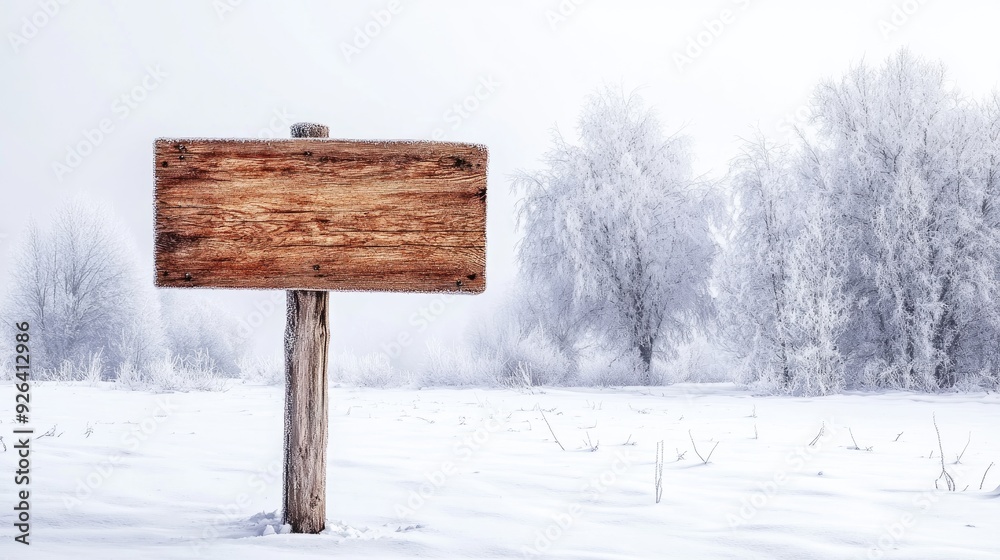 Fototapeta premium Blank wooden sign with rough edges standing in a snow-covered landscape, surrounded by frosty trees