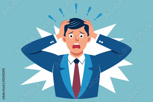 Stress or deadline at work. A business man clutched his head in panic. The bad news. Vector illustration
