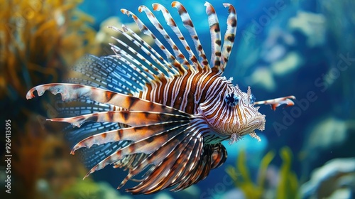 Close-up of a lionfish swimming gracefully through the water, with its spines fanned out