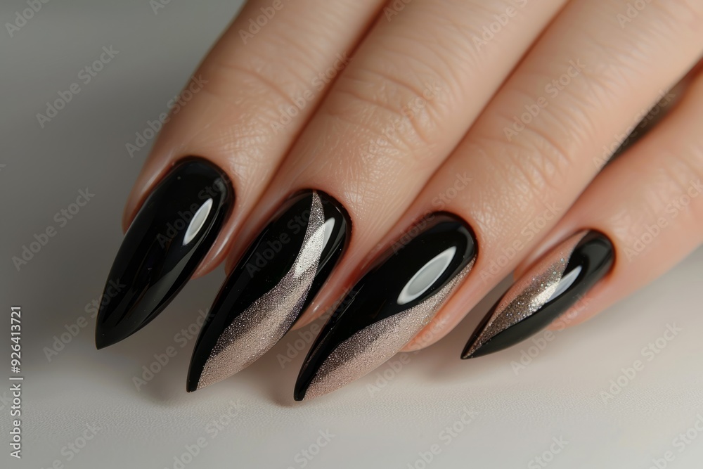 Woman hand showing black and gold gel polish manicure with geometric design Woman hand showing black and gold gel polish manicure with geometric design