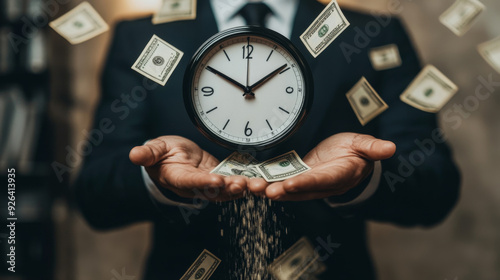 A businessman in a suit holds a clock with money falling from it, symbolizing the concept of time equating to financial value and opportunity.