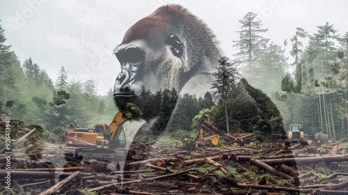 A gorilla stands in a deforested forest