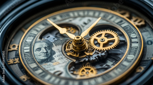 Close-up of a clock featuring intricate golden gears and a U.S. dollar bill design, symbolizing the connection between time and money in financial planning.