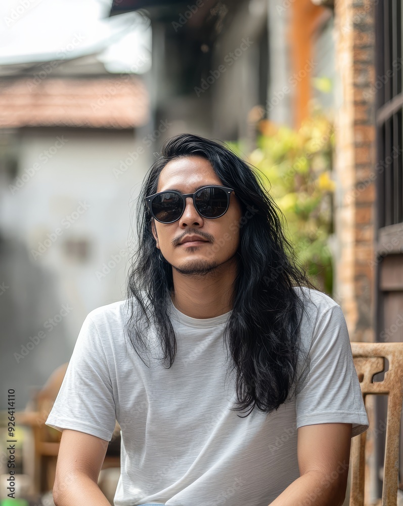 A stylish model wears a casual tee while relaxing in a vibrant outdoor setting