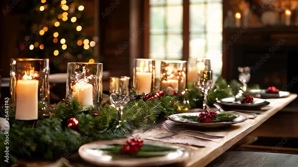 Elegant Christmas table setting with candles, garland, and festive decor, perfect for a cozy holiday dinner. Elegant Christmas table setting with candles, garland, and festive decor, perfect for a cozy holiday dinner.