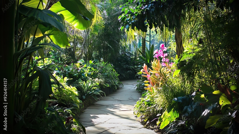 Enchanted Garden with Exotic Plants and Flowers, Featuring a Winding Stone Path and Sunlight Filtering Through a Leafy Canopy. AI generated illustration Enchanted Garden with Exotic Plants and Flowers, Featuring a Winding Stone Path and Sunlight Filtering Through a Leafy Canopy. AI generated illustration