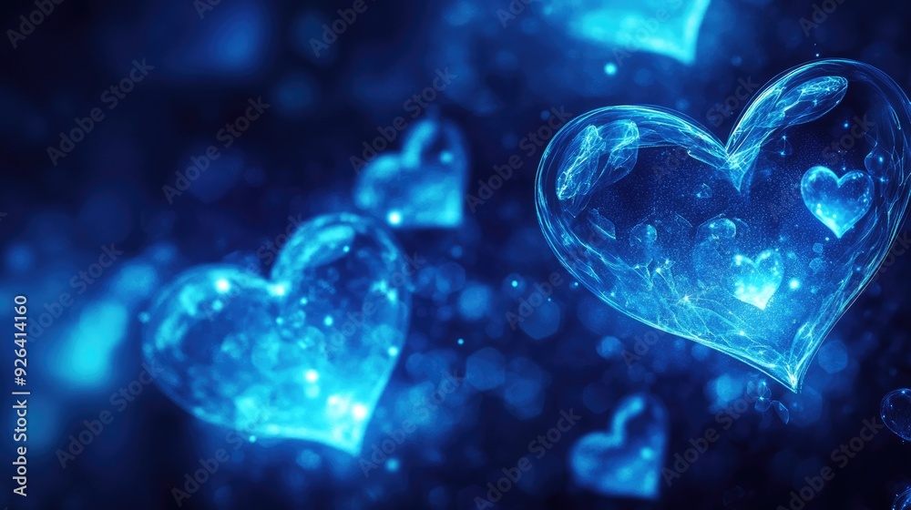 Abstract glowing neon blue hearts in a bokeh banner style, perfect for a love-themed or romantic design with text space.