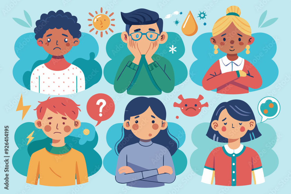 Set of characters experiencing different pain. Headache, toothache, menstrual pain
Set of characters experiencing different pain. Headache, toothache, menstrual pain