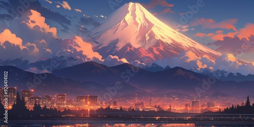 Enchanting  Urban Panorama of Mount Fuji: A Mesmerizing Anime-Style Depiction of the Iconic Mountain from a Cityscape in 4K, book illustrations and picture books photo