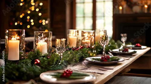 Elegant Christmas table setting with candles, garland, and festive decor, perfect for a cozy holiday dinner.