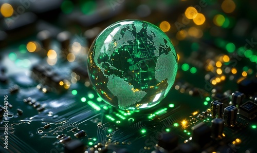 A Glass Globe Representing the Earth on a Circuit Board photo