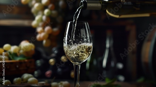 White Wine Being Poured into a Glass Amidst Grapes and Bottles in a Cozy Atmosphere photo